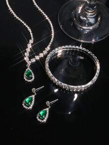 4pcs Bridal Jewelry Set Including (1 Necklace + 1 Pair Earrings + 1 Bracelet), Decorated With Rhinestones And Teardrop Pendants, Exuding Elegant And Refined Vibe - Suitable For Daily Wear, Weddings, Parties And Other Occasions. - Green - View 5