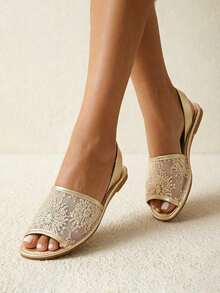 planare Giày sandal đế bằng hở mũi phối lưới thời trang mùa hè mới dành cho nữ, màu vàng ánh kim, thích hợp cho hẹn hò, đi làm, nghỉ mát và du lịch. - Vàng - Xem 2
