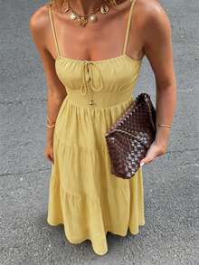 PoPoHouse 女士优雅长款连衣裙，性感露背系带荷叶边层叠飘逸吊带裙，适合休闲夏季海滩度假外出穿着，黄色连衣裙，女士款 - 黃色 - 查看 5
