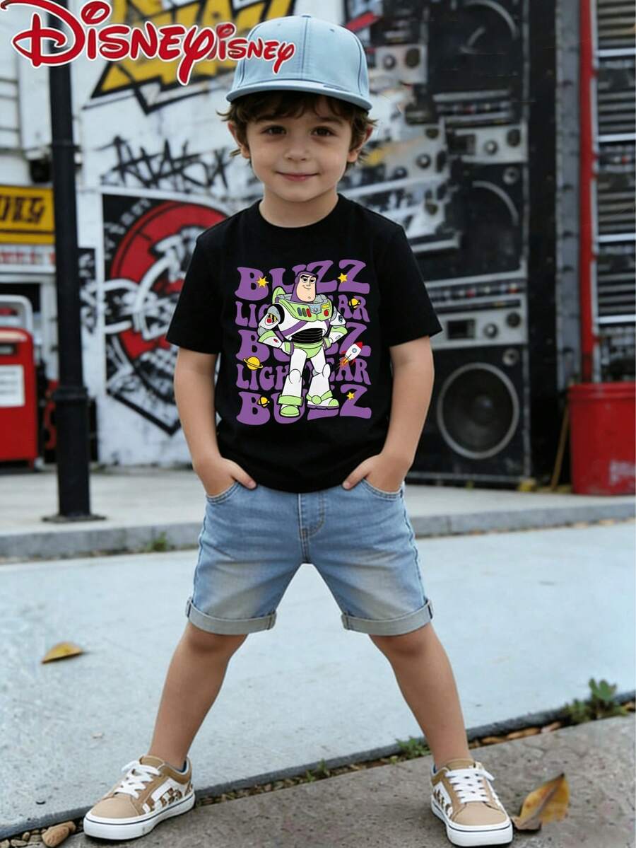 Disney Toy Story Buzz Lightyear Kids Short Sleeve Tee Unisex 2-14 Years Space Graphic Print Summer Casual Top Express Delivery - 黑色 - 查看 1