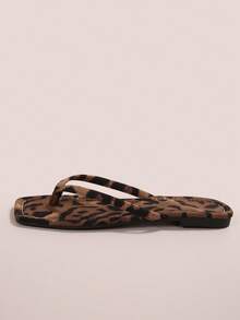 Summer New Leopard Print Thong Flat Sandals, Square Toe Design, Retro One-Strap Beach Slippers, Versatile Fashion Comfortable - Brown - View 2