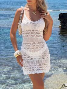 女士夏季欧美风针织镂空吊带性感露背修身无袖罩衫迷你连衣裙 - 白色 - 查看 3