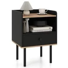 GOFLAME Modern Nightstand With Drawer & Open Shelf, Bedside Table With Metal Legs, Compact Sofa Side Table For Living Room, Bedroom, Small Spaces - Black - View 1