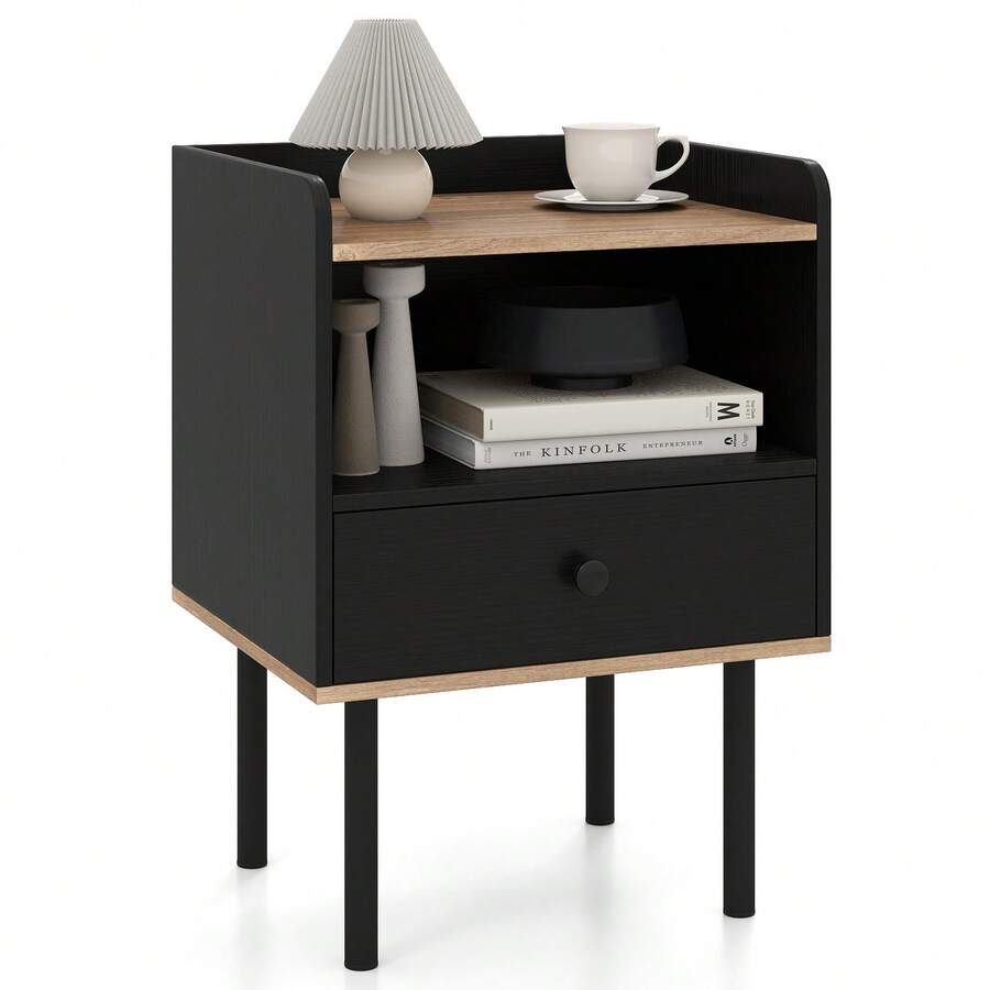 GOFLAME Modern Nightstand With Drawer & Open Shelf, Bedside Table With Metal Legs, Compact Sofa Side Table For Living Room, Bedroom, Small Spaces - Black - View 1