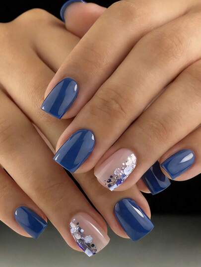 24pcs Medium Square Asymmetric Navy Blue Patterned Nude Color Nail Stickers, Express Your Love. Dreamy Silver Asymmetric Navy Blue Full Cover False Nails, Suitable For Women And Girls