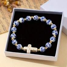 Jingdezhen Blue And White Porcelain Ceramic Beaded Bracelet, Chinese Style, Travel Souvenir, Small Golden Beans, Turquoise, Cross Beads - Blue - View 9