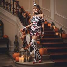Women's Creations Creepy Clown Cosplay Costume Scary Jester Outfit For Adult Halloween Costume Set - Black - View 6