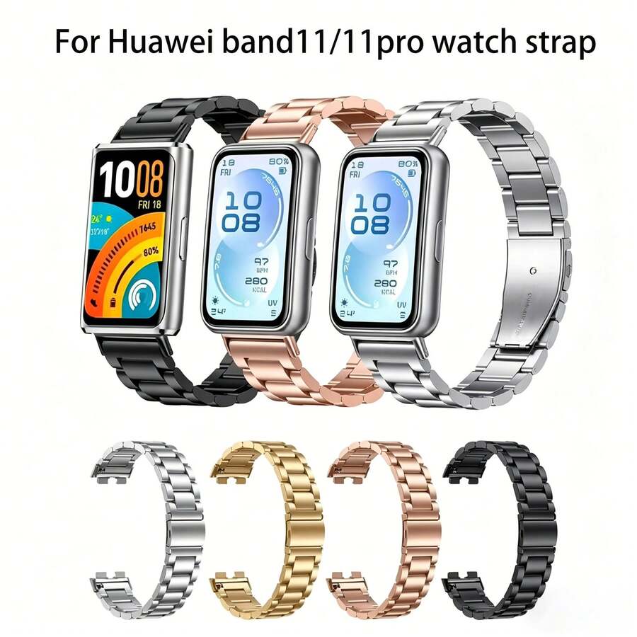 1pc Unisex Stainless Steel Watch Band, Compatible With Huawei Band 11/11Pro/10/9/8 Series Smartwatch, Business Style Accessory - Black - View 1