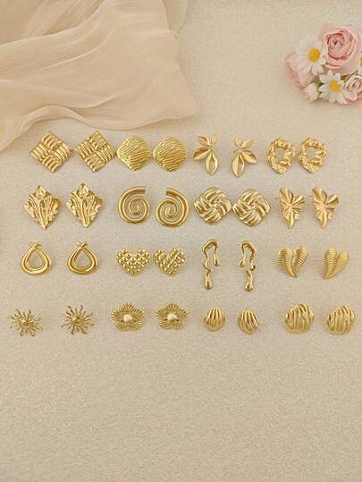 优雅的夏季沙滩贝壳耳钉，心形、方形几何造型大花朵耳环，金色花朵耳环，精美不锈钢首饰套装，适合各种场合，如节日、婚礼、日常、音乐节、海滩度假等。也是情人节、生日、母亲节和度假惊喜礼物的完美之选。
