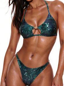 Bộ bikini nữ thanh lịch, thời trang, gợi cảm họa tiết chấm bi phản quang, thắt eo rỗng, thích hợp cho kỳ nghỉ hè, đi biển. - màu xanh lá - Xem 3