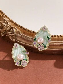1 Pair Luxury Oval Teardrop Pearl Flower Earrings For Women, Unique High-End Design - 綠色 - 查看 2
