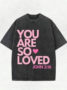 Graphic TeesYou Are So Loved 180g Retro Pattern Printed Washed Cotton Front Printed Round Neck, Street Fashion Men's, 100% Cotton, Suitable For Daily Casual Ings Short SleeveLoose And Comfortablesummer Tops - 黑色 - 查看 1