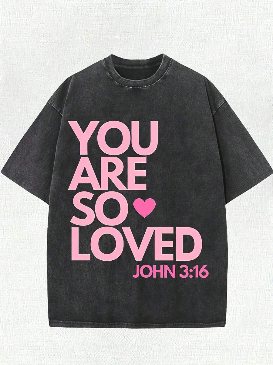 Graphic TeesYou Are So Loved 180g Retro Pattern Printed Washed Cotton Front Printed Round Neck, Street Fashion Men's, 100% Cotton, Suitable For Daily Casual Ings Short SleeveLoose And Comfortablesummer Tops - 黑色 - 查看 1