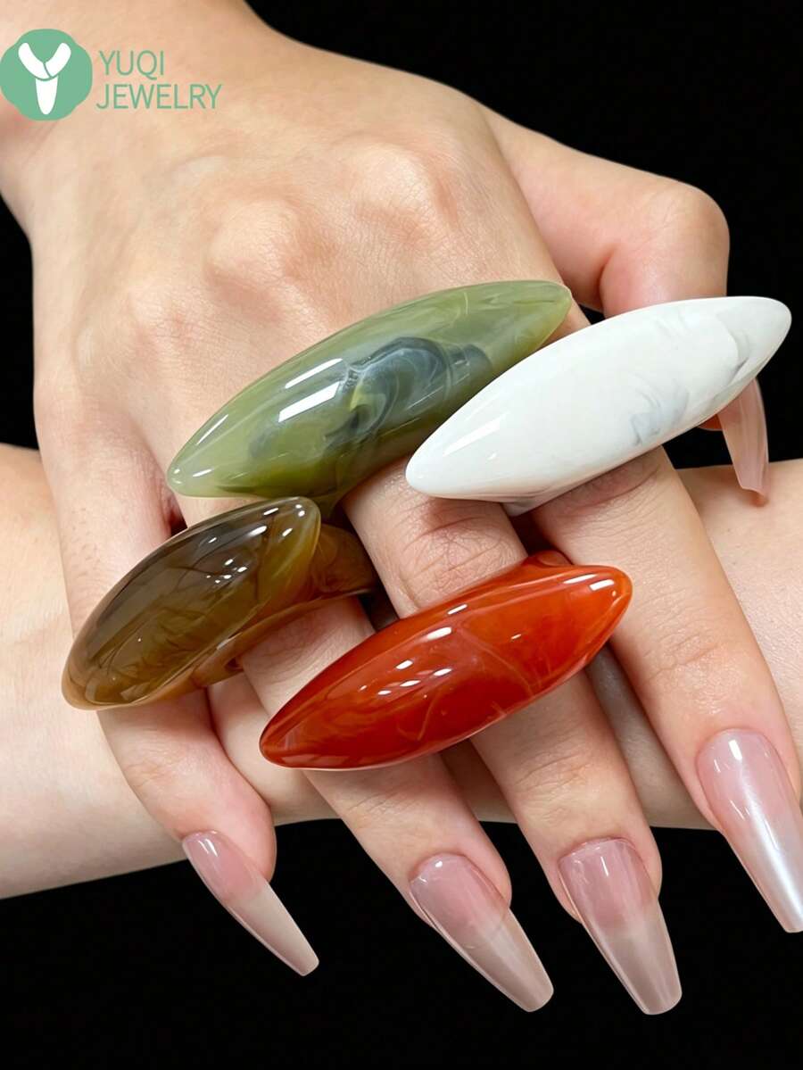 4 chiếc nhẫn kiểu Hàn Quốc phong cách Ins, họa tiết vân đá cẩm thạch, chất liệu nhựa mờ với thiết kế tối giản thanh lịch. - Nhiều màu - Xem 1