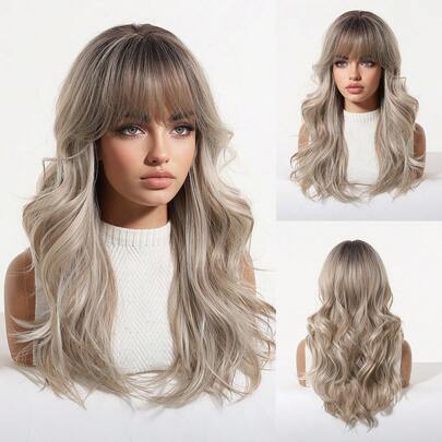 20 Inch Deep Brown With Silver Highlights Long Wavy Wig With Bangs, Women's Synthetic Fiber Heat Resistant Daily, Office, Party, Halloween, Christmas, Thanksgiving, Wedding, Dance, Date, Birthday, Vacation, Realistic And Natural Comfortable Fit