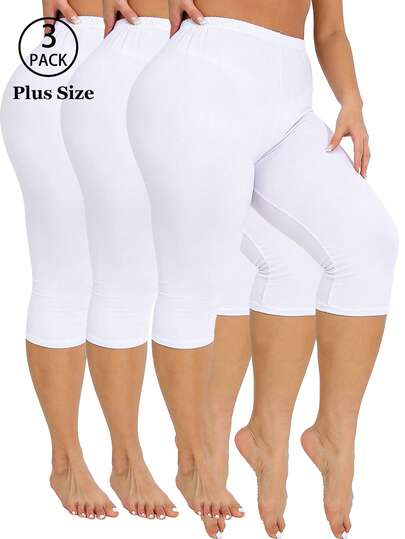 Bộ 3 quần legging nữ cỡ lớn màu trắng, đa năng, thoải mái, co giãn, tôn dáng, phù hợp mặc ở nhà, tập yoga, hoạt động ngoài trời, tập thể dục, dài 7/8.