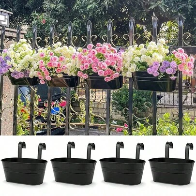 Railing Planter With Drainage Holes - Sturdy Bucket Pots For Railing Fence, Countryside Style Metal Flower Pots For Herbs Balcony Garden Yard Decor, Black