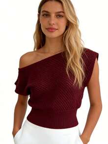 Blusa de punto de manga corta de color liso, estilo casual y moderno para mujer, con un solo hombro descubierto. - Burdeos - Ver 5