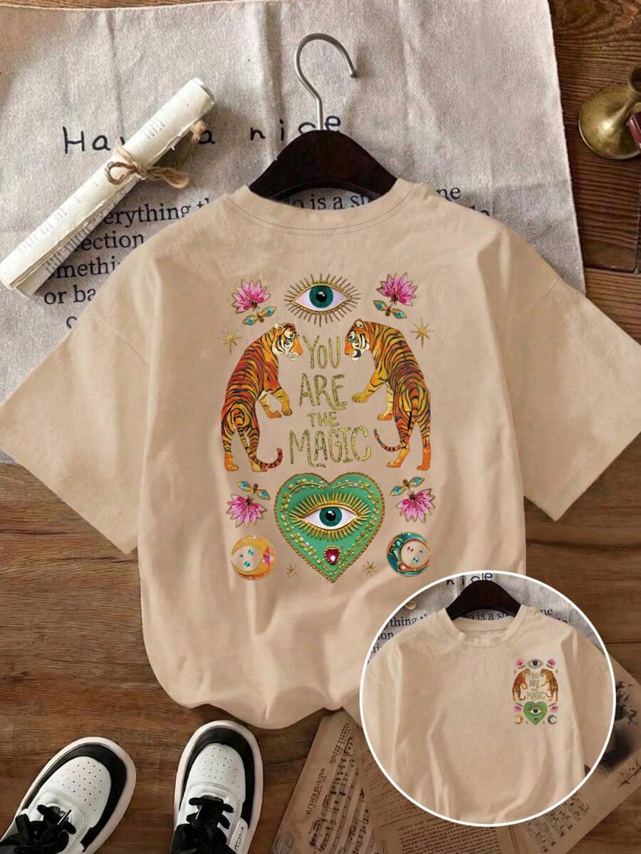 Plus Size Women Tiger Print Short Sleeve T-Shirt, Made Of Breathable Comfortable Fabric, Vintage Loose Fit Design - Apricot - View 1