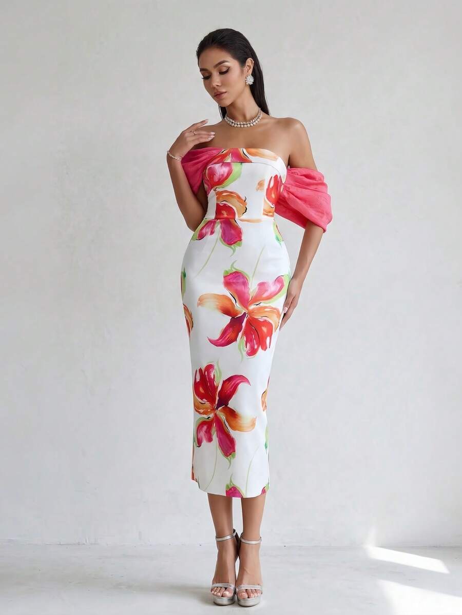Vestido elegante y sexy con estampado floral y espalda descubierta, adecuado para fiestas, citas, aniversarios, graduaciones y cenas formales - Rosa Fucsia - Ver 1