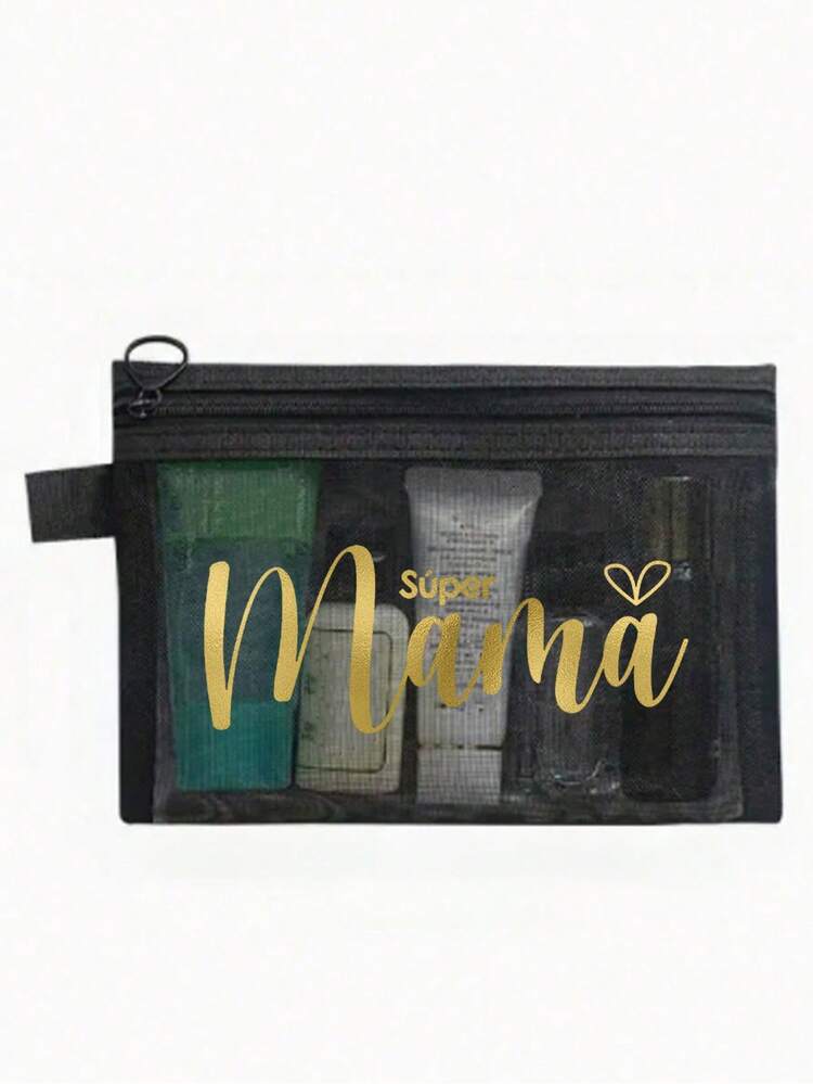母亲节礼物网眼化妆包，金色字母“Súper Mama”网眼化妆包，创意“Mama”爱心印花图案，透明拉链化妆袋，大容量拉链网眼收纳袋，可重复使用的女士洗漱包，完美的母亲节礼物，便携式旅行化妆品收纳包 - 彩色 - 查看 12