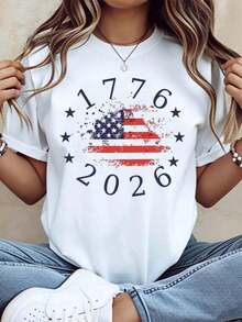 1776 2026 American Flag Independence Day Patriotic T-Shirt Women Casual Short Sleeve Top Celebration Graphic Tee, - 白色 - 查看 1