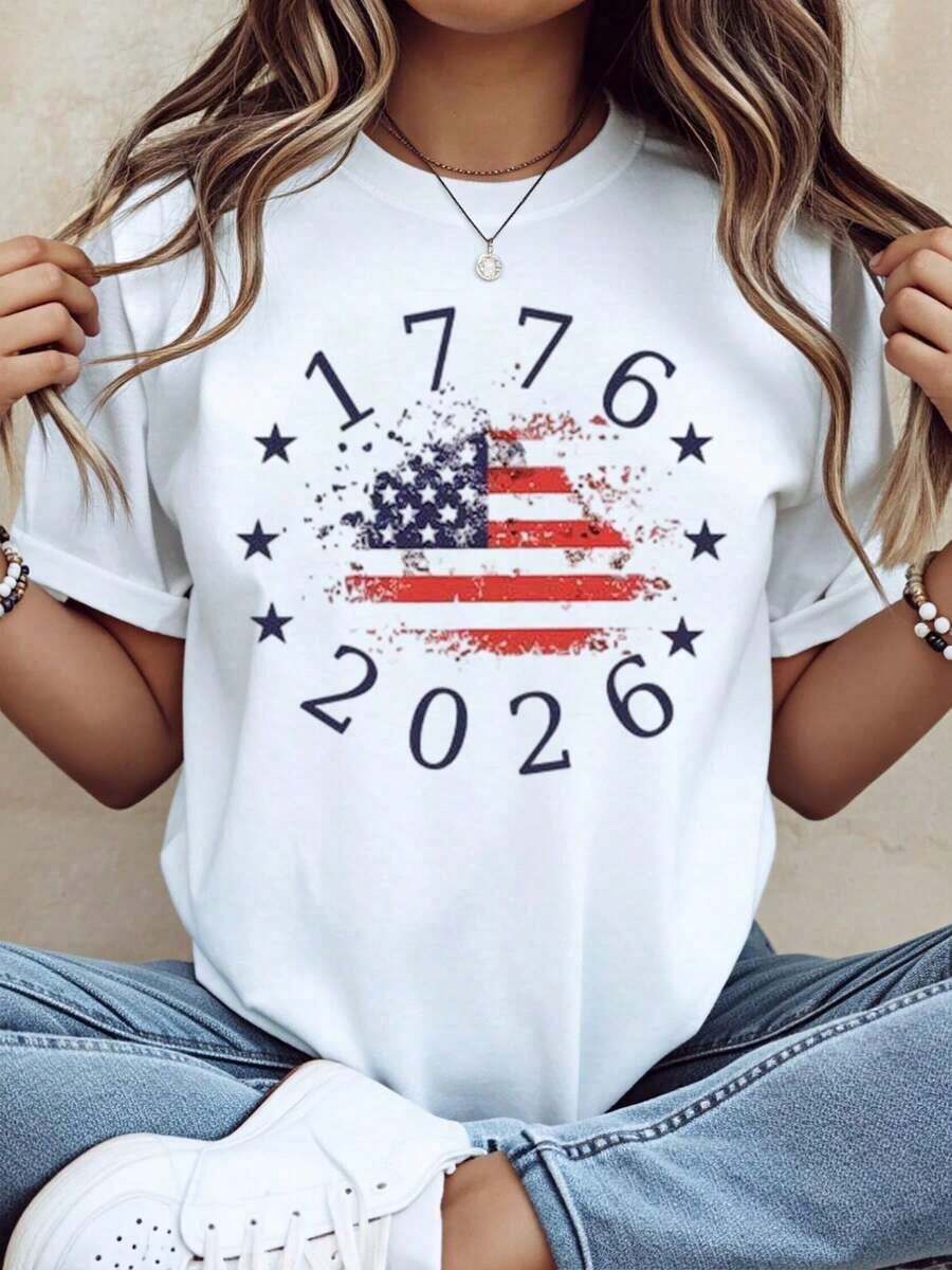 1776 2026 American Flag Independence Day Patriotic T-Shirt Women Casual Short Sleeve Top Celebration Graphic Tee, - 白色 - 查看 1