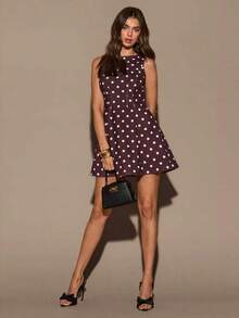 Vestido elegante de unicolor sin mangas con dobladillo con volantes y cintura elástica para citas en otoño para mujer - Marrón - Ver 3