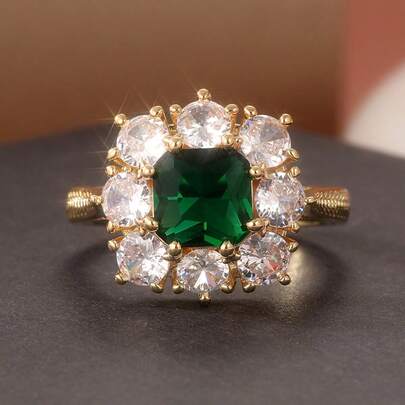 复古优雅绿色合成锆石戒指，女士手工艺术婚戒，简约复古百搭，理想的圣诞礼物