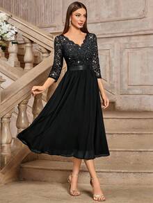 MIUSOL Elegant V-Neck Sequin Floral Lace Ruched Chiffon 3/4 Sleeve Prom Party Swing Dress, Spring Summer Dress, A-Line Dress, Midi Dress Black - Black - View 5