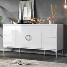 150*38*59,5cm Beistellschrank, Wohnzimmerschrank mit 4 Schubladen, 2 Schranktüren, Esszimmerschrank, Hochglanz Aparador, Ein Kommode mit Metallstützfüßen, breite grifflose Schließfächer, Weiß, MDF - Weiss - Übersicht 4
