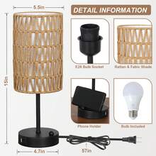 Touch Table Lamp For Bedroom With Bulb, Boho Small Desk Lamp For Living Room With Rattan & Linen Shade, 3 Way Dimmable Bedside Table Lamp For Nightstand With USB Charging Port & Phone Stand For Office - Visa 2