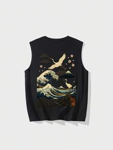 YUNCHIC 男士夏季日常浮世绘神奈川浪、鹤、山印花无袖圆领背心，休闲、办公、户外、都市、修身、优雅、青春、简约、百搭、质感、自然、文艺、运动 - 黑色 - 查看 2