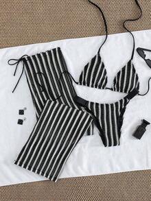 3pcs Striped Knit Bikini Set - Top + Low-Waist Bottoms + Adjustable Wide-Leg Pants| Retro Beach Vacation Swimwear Summer - Đen và trắng - Xem 3