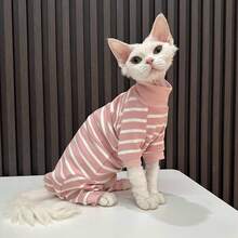 Bộ đồ liền thân sọc hồng trắng, cổ cao, thiết kế giữ ấm, quần áo thú cưng mùa xuân/hè dành riêng cho mèo Sphynx, bảo vệ bụng, che phủ toàn thân. - Hồng - Xem 4