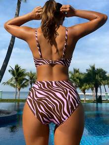 Bộ đồ bơi Tankini in họa tiết mới của DeepOcean, họa tiết sọc kỹ thuật số, thiết kế cạp cao ôm sát tôn dáng, điểm nhấn ngọc trai, trang phục gợi cảm cho câu lạc bộ, thích hợp cho Halloween, Giáng sinh, Năm mới, Lễ Tạ ơn. - Hồng - Xem 3