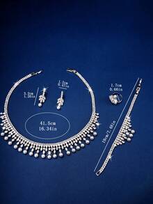 Bộ trang sức cao cấp 3 món/5 món bằng ngọc trai giả và đá Cubic Zirconia bao gồm bông tai, dây chuyền, vòng tay, nhẫn, thích hợp cho phụ nữ dự tiệc cưới, sinh nhật, lễ hội. - trắng - Xem 4