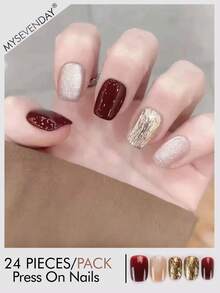 24pcs Square/Luxury Burgundy Gold Foil Square & Round Nail Stickers, 24pcs Set Suitable For Daily, Party And Casual Occasions - Multicolor - View 2