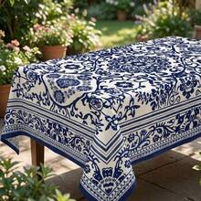 1pc Blue & White Mandala Tile Vintage Print Tablecloth, Retro Mediterranean Style Fabric Decorative Dining Tablecloth, Suitable For Kitchen, Restaurant, Outdoor Party, Summer Home Decor Arrangement - A - View 1