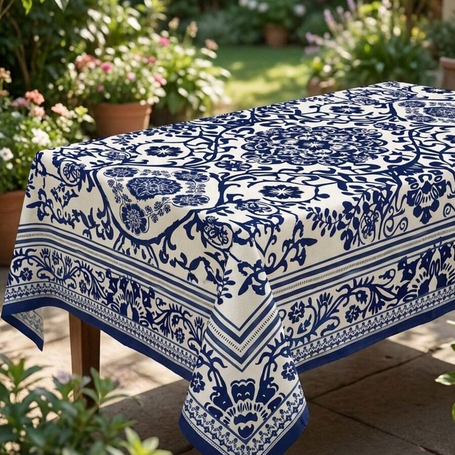 1pc Blue & White Mandala Tile Vintage Print Tablecloth, Retro Mediterranean Style Fabric Decorative Dining Tablecloth, Suitable For Kitchen, Restaurant, Outdoor Party, Summer Home Decor Arrangement - A - View 1