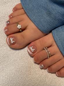 24pcs Press-On Fake Nails For Toes, French Nails, Nude Toes Nails, Bow Decoration Nails,AB Sparkling Rhinestone Decorative Nails,Wearable Nail Art Halffinished Board For Applying Nails, Full Coverage Glossy Daily Fake Nails, Ladies Reusable, Easy To Wear And Remove, With Jelly Glue And Nail File DIY Nail Supplies, Suitable For Party, Dance Party, Etc. - Pink - View 2