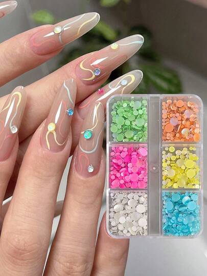 Hạt trang trí móng tay hình nàng tiên cá nhiều màu sắc, 6 ô, đá pha lê hình bán nguyệt đáy phẳng lấp lánh, ngọc trai trang trí móng tay không mùi.