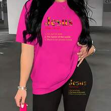 2pcs Plus Size Women's T-Shirt Set, "Jesus Definition" Text Graphic, Inspirational Design, Casual Daily Wear, Faith-Themed Outfit - Hồng - Xem 2