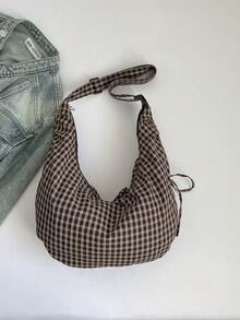 Bolso de hombro y bandolera multifuncional de diseño único de moda, de alta calidad, a cuadros, con cordón y forma de empanadilla, para uso diario y desplazamientos - Marrón - Ver 8