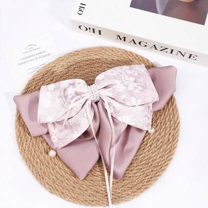 春夏法式甜美大蝴蝶结马尾发夹，缎面碎花双层珍珠缎带，女士马尾固定发夹，优雅小众发饰，适合日常、通勤、派对、约会等场合。
