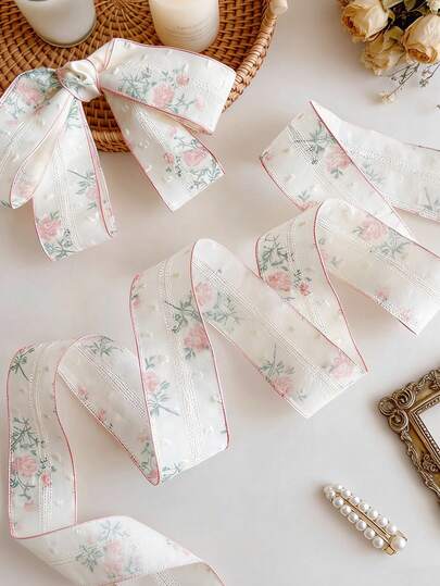 1 Yard Pink Floral Print Satin Ribbon, Pink Ruffle Satin Ribbon, Pink Rose Bow Satin Ribbon, Suitable For Cakes, Birthdays, Gift Boxes, Gift Wrapping, DIY Bows, Hair Accessories, Bouquets, Gift Boxes, Cake Packaging, Ribbon Floral Arrangements, Back To School, Wedding Bouquet Decor, Graduation, Party Decorations
