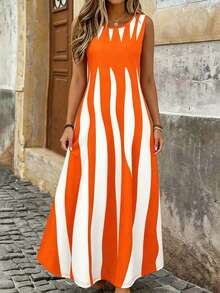 Plus Size Women's Casual Geometric Print Dress, Suitable For Office, Party, Wedding, Vacation, Spring Wear. Women's Sleeveless Pocket Summer Dress Elegant - Orange - View 2