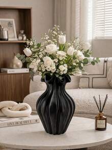 1pc Black Ruffled Decorative Vase, Suitable For Living Room Centerpiece - Multicolor - View 3