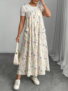 Plus Size Floral Print Women Double Pocket Strap Midi Dress Summer Vacation Elegant - Apricot - View 3