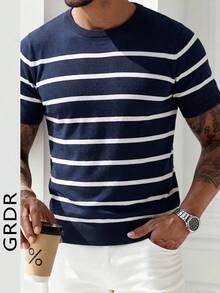 GRDR Men's Summer Knit Striped Short Sleeve Sweater, Versatile For Summer Socializing And Dining - Navy Blue - View 5